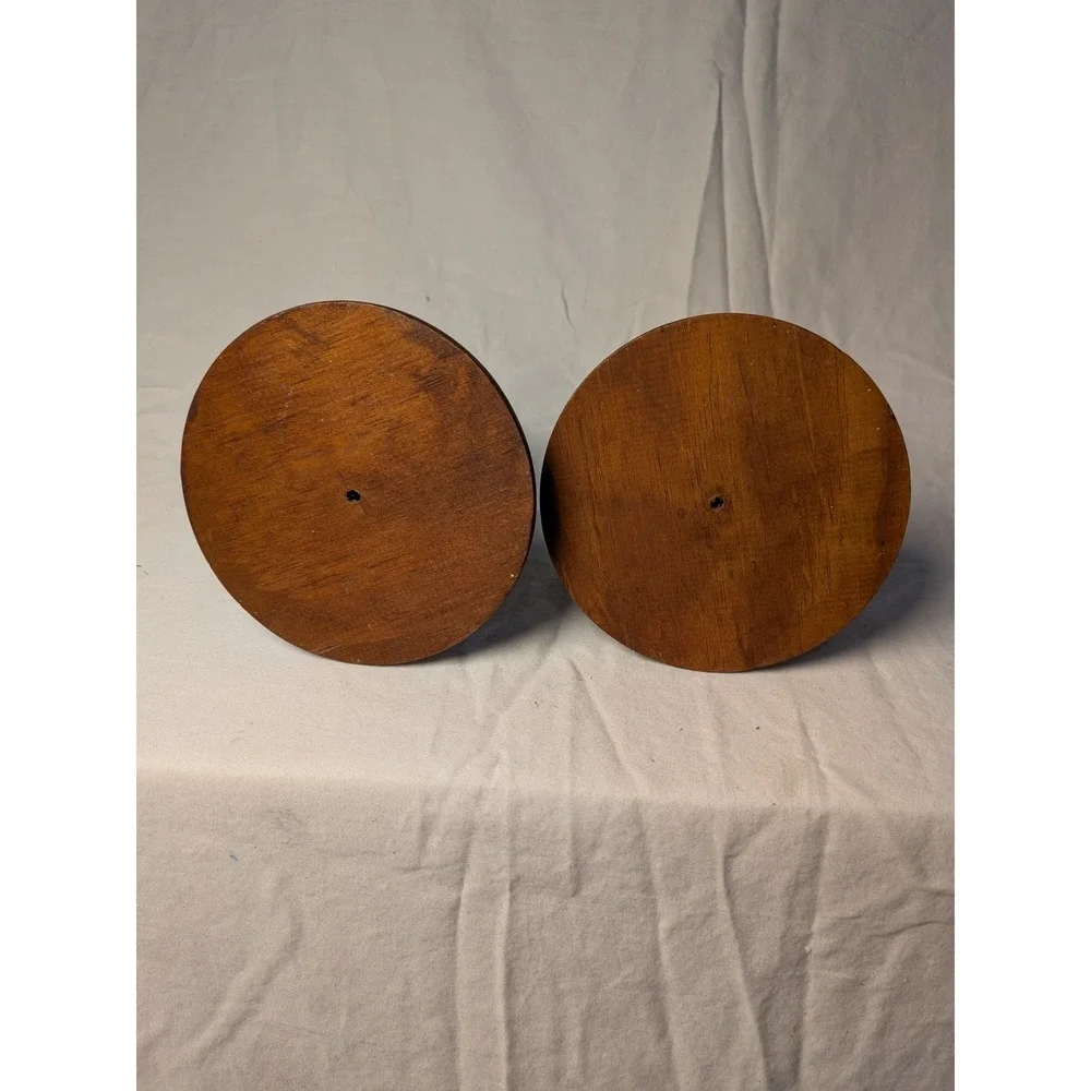 Vintage Turned Wood Candlestick Set Pair Brown Taper Candle Holders 4.5in
